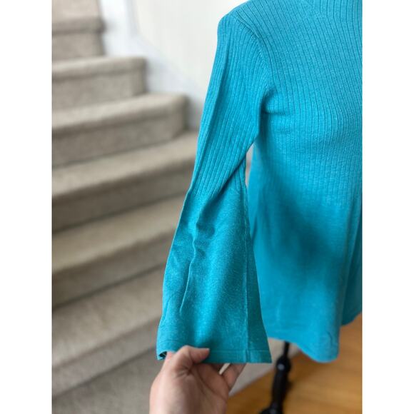 Tyler Boe Aqua Blue Bell Sleeve Peplum Ribbed Turtleneck Sweater - Picture 5 of 7